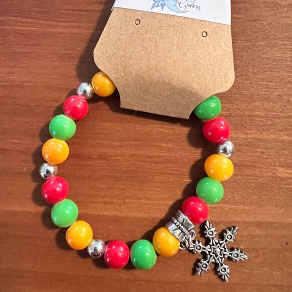 Red, Green and Yellow Stretchy Bracelet with Silver Snowflake Charm - Picture 2 of 2
